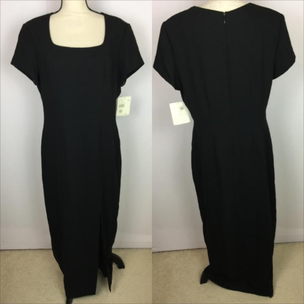 NWT Vtg Liz Claiborne Maxi Dress Size 14 Womans Black Square Neck Short Sleeve